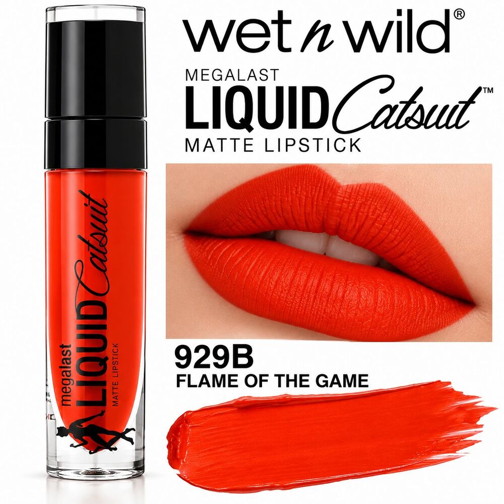 Wet N Wild MegaLast Liquid Matte Lipstick FLAME Of The GAME 929B bold red orange